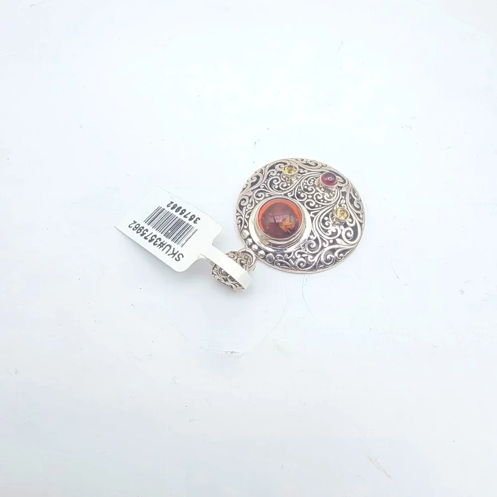 New Djoy Amber Garnet Bali Sterling Silver Filigree 1.7